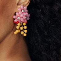 Anting-anting bunga manik-manik akrilik warna-warni wanita, gaya boho, dengan rumbai, perhiasan gantung, grosir