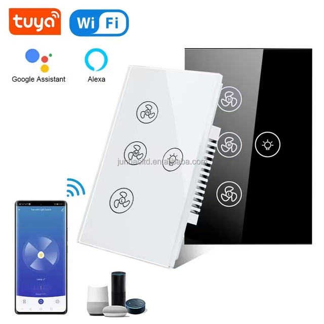 Tuya Smart Fan Light Switch Ceiling Fan Light Tempered Glass Panel Can Controlled Timing Works with Alexa APP Remote Control