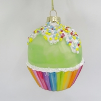 Hiasan Pohon Natal Cantik Pastel Hijau Pelangi Cupcake Sprinkles Manik-Manik Ornamen Kaca Figurine