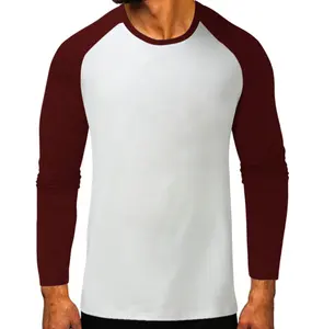 Mens custom 100% cotton white body with grey or black or navy blue or maroon long sleeves round neck leisure T-Shirt