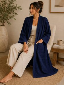 Navy Blue Knitted V-neck A-Line Eco-Friendly <b>Belt</b> <b>Kimono</b> Robe Women Open Front Long Duster Lightweight Lounge Wear B2B Wholesale - Product Image 1