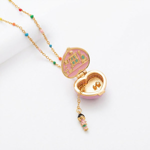 Copper Gold Plated Openable <strong>Heart</strong> Locket Necklace with <strong>Mini</strong> Doll Charm, Whimsical Jewelry for Women - Product Image 6