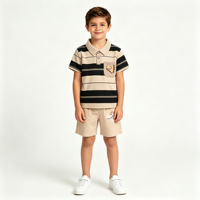 Ensemble polo et short rayé dinosaure pour tout-petits garçons, tenue d'été décontractée en coton doux 2 pièces avec col à revers pour enfants