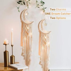 Decorazione per la Casa, Ornamento Artistico, Regalo Artigianale, <span class=keywords><strong>Acchiappasogni</strong></span> Bianco a Forma di Luna e Stella in Macramè e Uncinetto con Corda di Cotone - Product Image 4