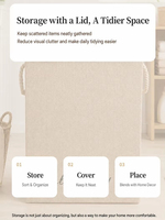 Panier à linge pliable grande capacité en lin léger avec couvercle et poignée en corde de coton, panier de rangement anti-poussière pour chambre et maison
