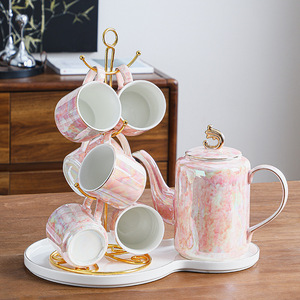 Ceramic cup set, souvenir teapot with <b>tea</b> <b>tray</b>, gold-edge coffee cup, home water cup and pot, new home gift set - Product Image 3