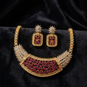 Indian <b>Ruby</b> CZ Brass Choker <b>Necklace</b> Set Bridal Gold Plated Cubic Zirconia Fashion Jewelry for Women Wedding Parties - Product Image 1