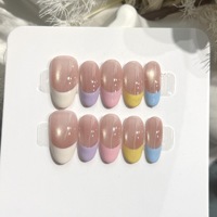 Faux ongles ovales à presser, French manucure colorée bleu, jaune, rouge, menthe, faits main, avec strass et pois colorés, 10 pièces
