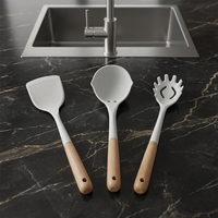 Fourchette à pâtes et louche en silicone avec manche en bois, ustensiles de cuisine antiadhésifs résistants à la chaleur pour la cuisson