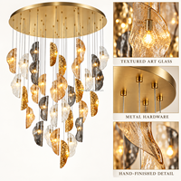 Lustre cascade de luxe personnalisé de 59 pouces, en verre ambré clair fumé, avec pampilles en forme de feuilles, pour escalier, hall d'entrée, hôtel, villa