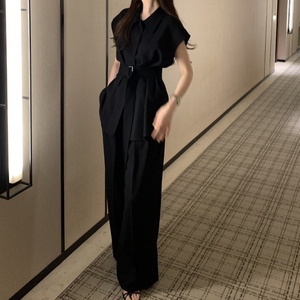 Women's Summer Collared Sleeveless Tie-Front Blouse & High-Waisted Wide-Leg <b>Pants</b> 2-Piece Set Fashion - Product Image 3