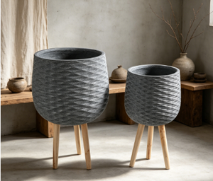 Modern Concrete Flower Pot with Wood Legs 3D Diamond Pattern Indoor Planter Set Minimalist Design for Hotel Decor - Product Image 3