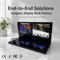 Présentoir à lunettes pliable noir brillant à trois fentes avec écran promotionnel numérique intégré et miroir d'essayage intégré, support de comptoir pour 3 paires