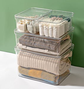 Multi-use stackable clear plastic organizer storage bins with lid for kitchen pantry refrigerator