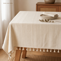 Nappe de table classique européenne en coton et lin avec franges à pompons