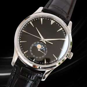 Exquisito Reloj de Pulsera Automático Mecánico con Fecha, Fase Lunar Celestial, Esfera Negra, Acero Plateado y Correa de Cuero para Caballeros - Product Image 1