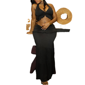 Set pakaian kasual seksi wanita, atasan Crop tanpa lengan Halter berongga tanpa lengan, rok Maxi panjang dengan pola Solid yang cocok musim panas - Product Image 1