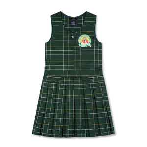 女の子用グリーンチェック柄ジャンパー制服ピナフォアドレス通気性コットン小中学生用 - Product Image 1