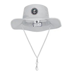 Cappello da sole da pesca boonie a tesa larga all'ingrosso logo con toppa in gomma cappello da pescatore con foro tagliato al laser impermeabile personalizzato con spago