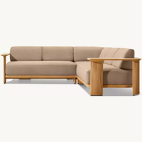 Canapé d'extérieur modulaire RH Dune Teak en forme de L, avec coussins en tissu crème sur structure en teck massif, ensemble de patio moderne