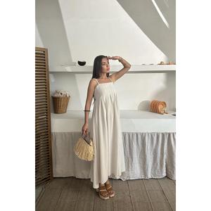 Robe en lin beige plissée à bretelles, sur mesure du XS au 6XL, élégante et discrète pour le bureau, les soirées, les tenues décontractées de tous les jours, avec volants. - Product Image 5