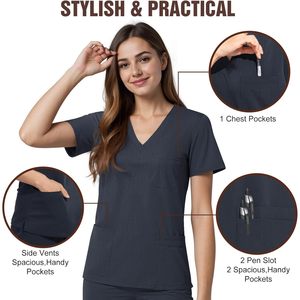 Women V-Neck Scrub Top 4 Pocket Premium Stretch Medical Workwear Hospital Uniforms - Product Image 3