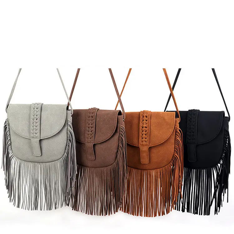 Faux Suede Leather Hippie Gypsy Boho Bag Cover Woven Semi-Circular Leather Tassel Crossbody Bag Mujeres Shoulder Messenger Bags