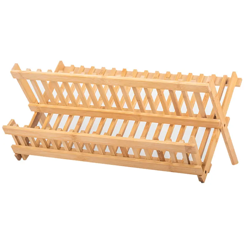 Factory Wholesale Bamboo Plate Dish Drying Rack Kitchen Utensils 2 Tiers Bowl Drainer Racks Storage Modern Shelf