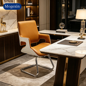 Silla Ejecutiva de Cuero PU Estilo Mediados de Siglo, Silla de Escritorio Giratoria Ajustable con Base de Metal, Silla de Oficina con Reposabrazos de Madera - Product Image 2
