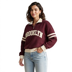 Suéter de Mujer Color Granate con Letras de Brooklyn, Estilo Preppy, Cierre Frontal con Cremallera, Cuello Camisero, Corte Regular, para Otoño - Product Image 1