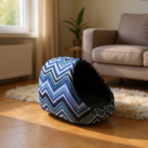 Cuccia per Gatti Yommy Blu con Motivo a Zigzag, Morbido Letto per Gatti da Interno, Accogliente Grotta Nido - Product Image 3