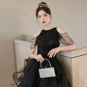 Black Evening Gown Women Halter Neck Empire Waist Asymmetric Tulle Long Dress Coming Of Age Ceremony 830 - Product Image 4