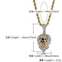 Collier Tête de Lion Plaqué Or avec Zircon Cubique, Chaîne Corde, Breloque Bling, Cadeau pour Homme, Bijou de Fête et de Rue