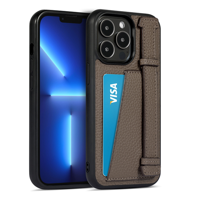 Full Grain Lychee Leather Phone Cover Card Slot Holder Mobile Phone Case With Wrist Strap Stand for iphone 14 15 16 Pro Max