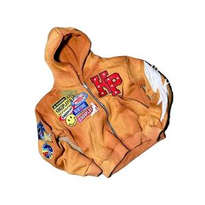 Vintage Boxy Fit 100% Cotton 460GSM Heavyweight Custom Embroidery Distressed <b>Applique</b> Patch Stone Washed Sun Fade Zip Autumn - Product Image 3