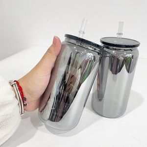 Gobelet en verre transparent en forme de canette de 16 oz, plaqué noir miroir, pour sublimation, avec couvercles en PP colorés - Product Image 3