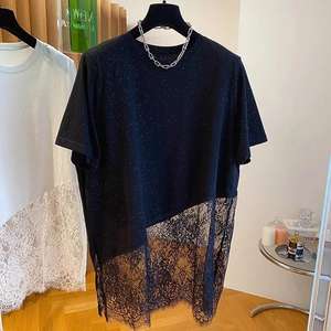 Camiseta de Mujer con Dobladillo de Encaje en Contraste, Vestido Casual con Dobladillo Asimétrico y Detalle de Brillo, a la Moda - Product Image 3