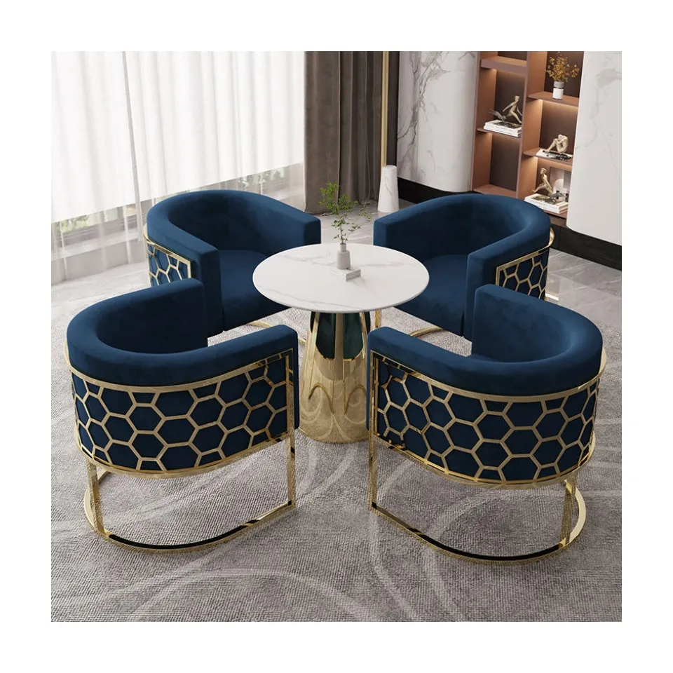 أريكة مفردة مخملية ذهبية من الفولاذ المقاوم للصدأ تصميم مكتب فندق أزرق أثاث منزلي قماش أثاث غرفة الطعام