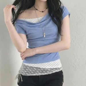 เสื้อยืดลายจุดปะติดปะต่อแบบเปิดไหล่สำหรับผู้หญิง เสื้อถักแขนสั้นสไตล์ลำลองสำหรับฤดูร้อน ดีไซน์แบบสองชิ้น - Product Image 1