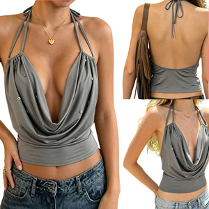 Fashion Sexy Deep V Neck Backless Halter Tank <b>Top</b> Button Embellished Club Nightclub Women's Sleeveless <b>Top</b> - Product Image 1