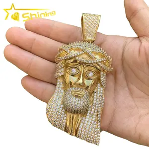 Real Gold Plated Custom Piece XL Lab Diamond Big Jesus Face Pendant Charm