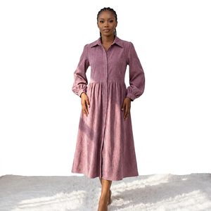 Vestidos Midi Románticos Franceses de Pana con Manga Farol para Mujer, Otoño-Invierno, Cierre de Botón, Ajuste Holgado y Plisado que Estiliza - Product Image 1