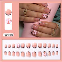 Kit de 24 Faux Ongles Press-On Courts Forme Ballerine French Manucure, Motif Papillons et Fleurs, Adhésifs, Couverture Complète Artificielle