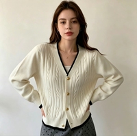 Cardigan en maille torsadée crème à col en V - Pull boutonné à bordure contrastante, style preppy vintage doux, haut de superposition pour femme automne-hiver
