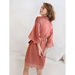 Sioro - Kimono Corto de Seda para Mujer, Cuello en V, Manga Tres Cuartos, Satén con Encaje, Cintura Ajustable, para Bodas, Fiestas, Damas de Honor, Camisón - Product Image 3