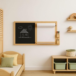 Tablero de actividades de pared de madera inspirado en Montessori, <span class=keywords><strong>pizarra</strong></span> y rollo de papel, estación de dibujo para niños, otros muebles para niños - Product Image 4