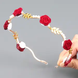 DOMOHO-Diadema DE BODA roja retro, diseño de hoja de flor Rosa ondulada simple de estilo europeo, material de tela de cristal acrílico para novias