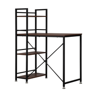 Table d'ordinateur en noyer foncé avec étagères de rangement et surface en bois