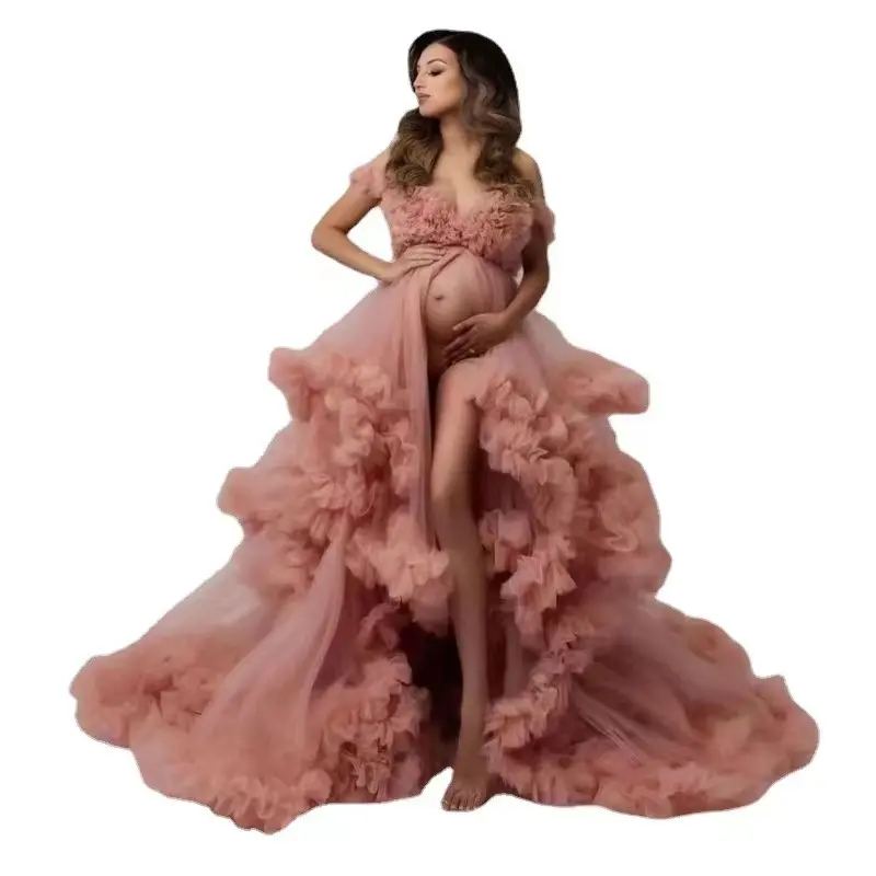 جديد النساء الحوامل فستان من الشاش الإناث الوردي حمالة اللباس التصوير الملابس