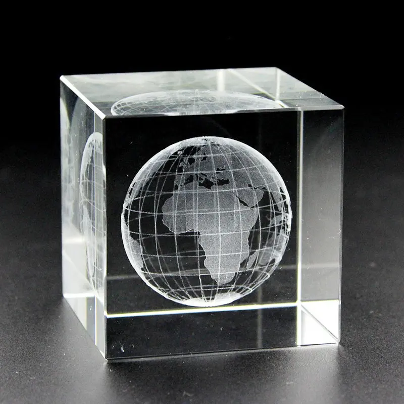 Cubo de cristal gravado a laser 3d, cubo de cristal do papel personalizado, gravura, terra, globo, bloco de vidro cristal, presentes